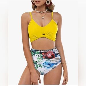 Yellow Floral Women's Swimwear Set, Size M, New In Bag